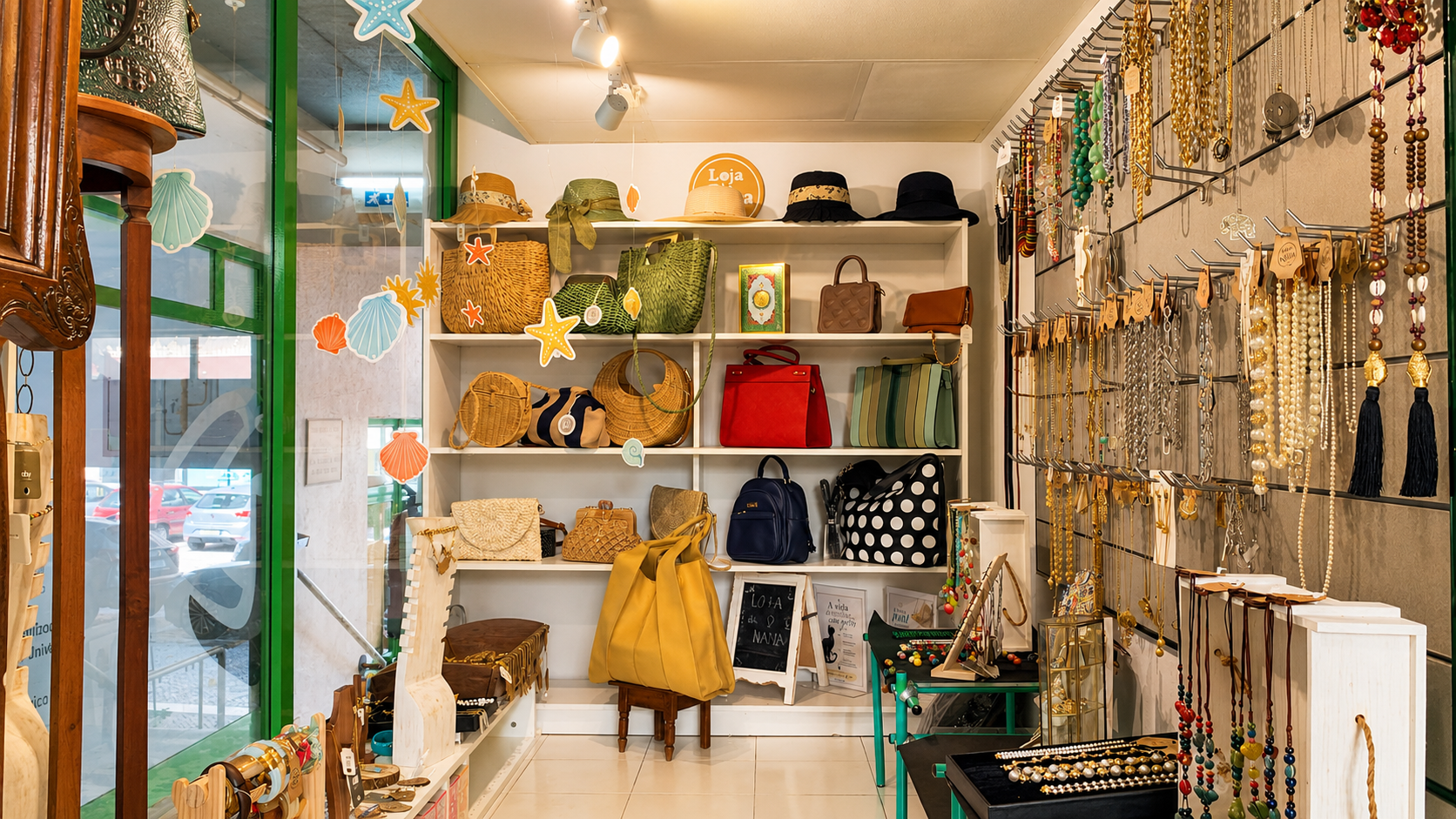 Malas e acessórios reais da Loja da Nana em ambiente de boutique